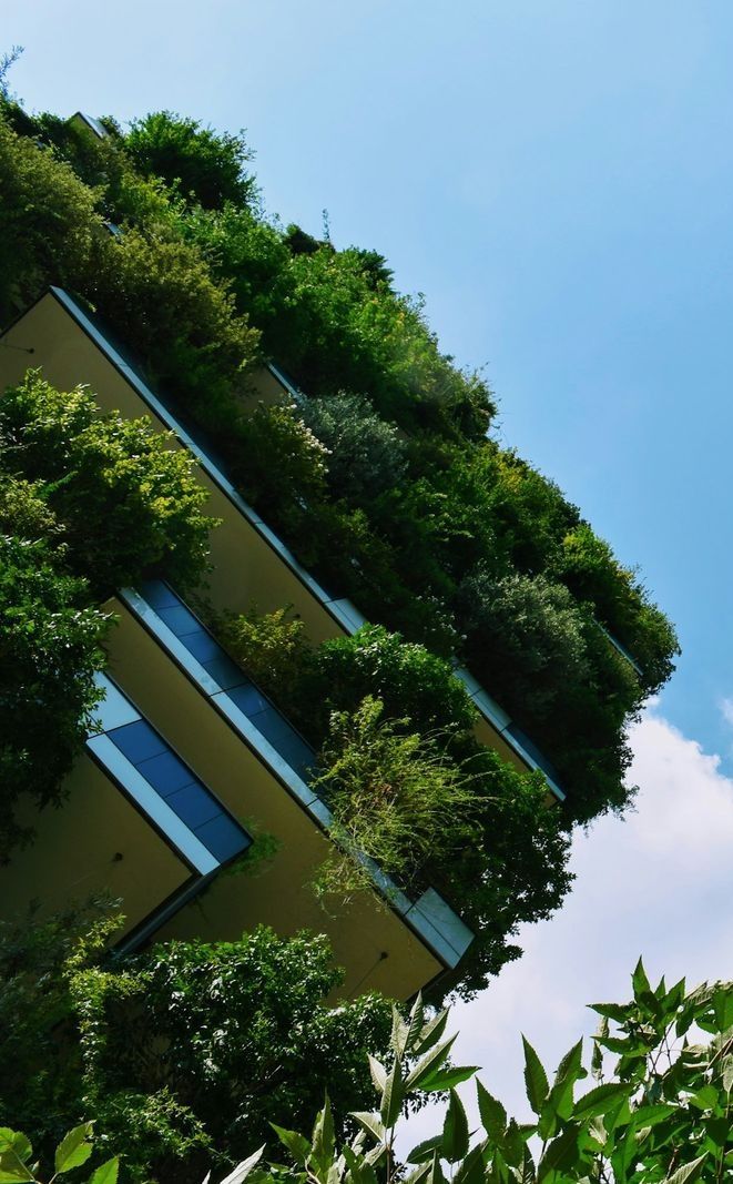 Green building facade seen from below
